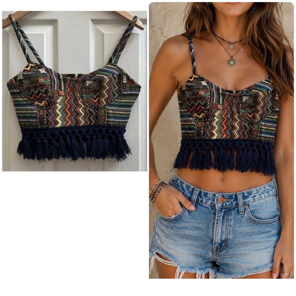 Cider Boho Tapestry Bustier Style Sweetheart Neckline Crop Top Medium Festival